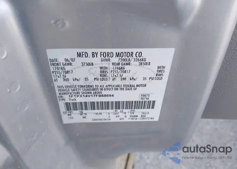 2007 Ford F-150 Fx4/Lariat/Xl/Xlt из США, поврежденный, VIN 1FTPX14V17FB68694